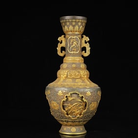 An Exquisite Gilt Silver Plum Blossom,Orchid,Bamboo and Chrysanthemum Pattern Dragon-Ears Vase