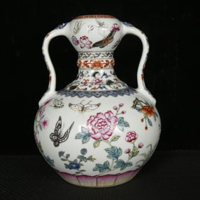 An Exquisite Famille-Rose Flower and Butterfly Pattern Double-Ears Vase