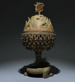 An Archaic Bronze Hollow Plum Blossom Pattern Censer,With Inscription,With Dragon Base