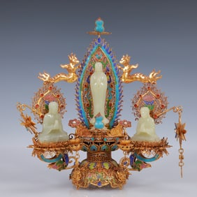 A Set of Fine Filigree and Gilding Inlaid White Jade Buddha Statues,Inlaid Gems