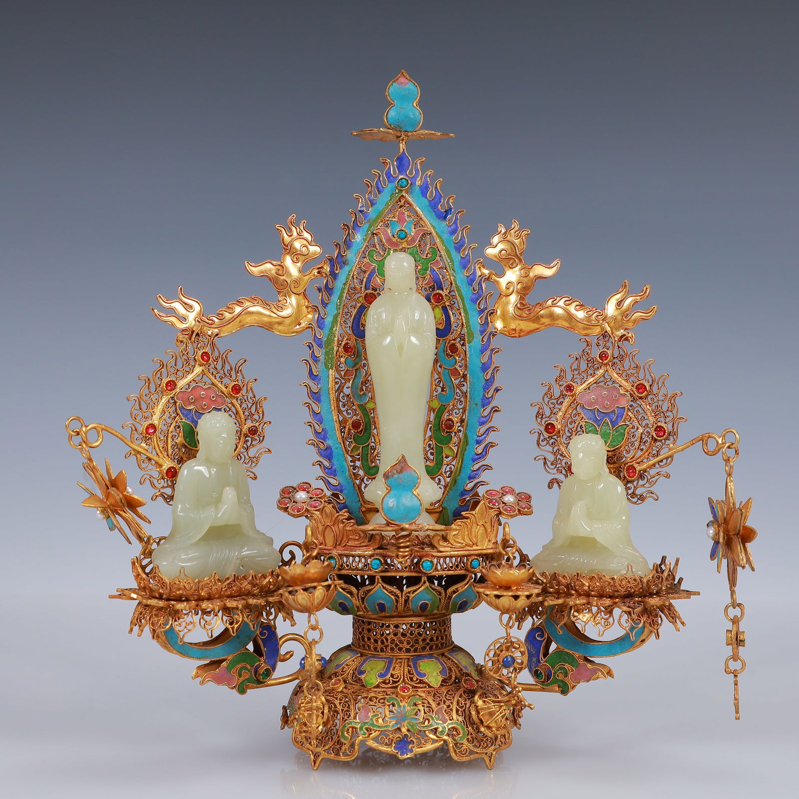 A Set of Fine Filigree and Gilding Inlaid White Jade Buddha Statues,Inlaid Gems (1 of 10)
