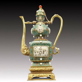 A Huge Cloisonne Inlaid White Jade Lotus and Dragon Pattern Ewer