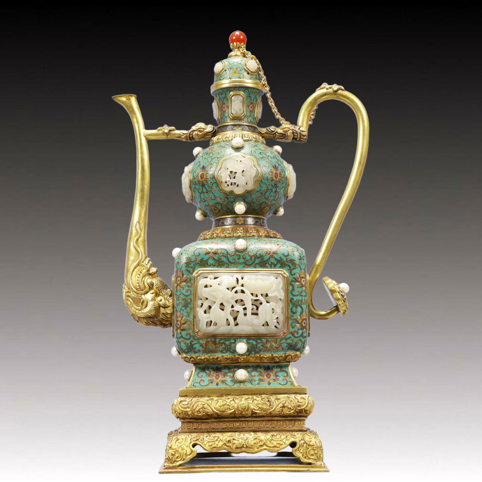 A Huge Cloisonne Inlaid White Jade Lotus and Dragon Pattern Ewer (1 of 12)