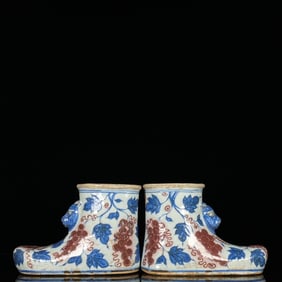 A Pair of Exquisite Blue and White Underglaze-Red Grapes Pattern Shoes Ornaments