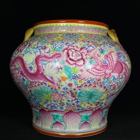 A Rare Enamel Painted Gold Flower,Dragon and Phoenix Pattern Swallow-Ears Jar
