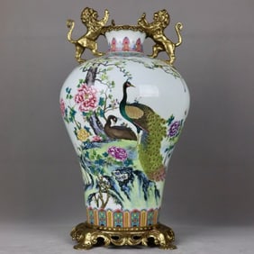 A Huge Famille-Rose Inlaid Bronze Flower and Bird Pattern Lion-Ears Vase,With Poem