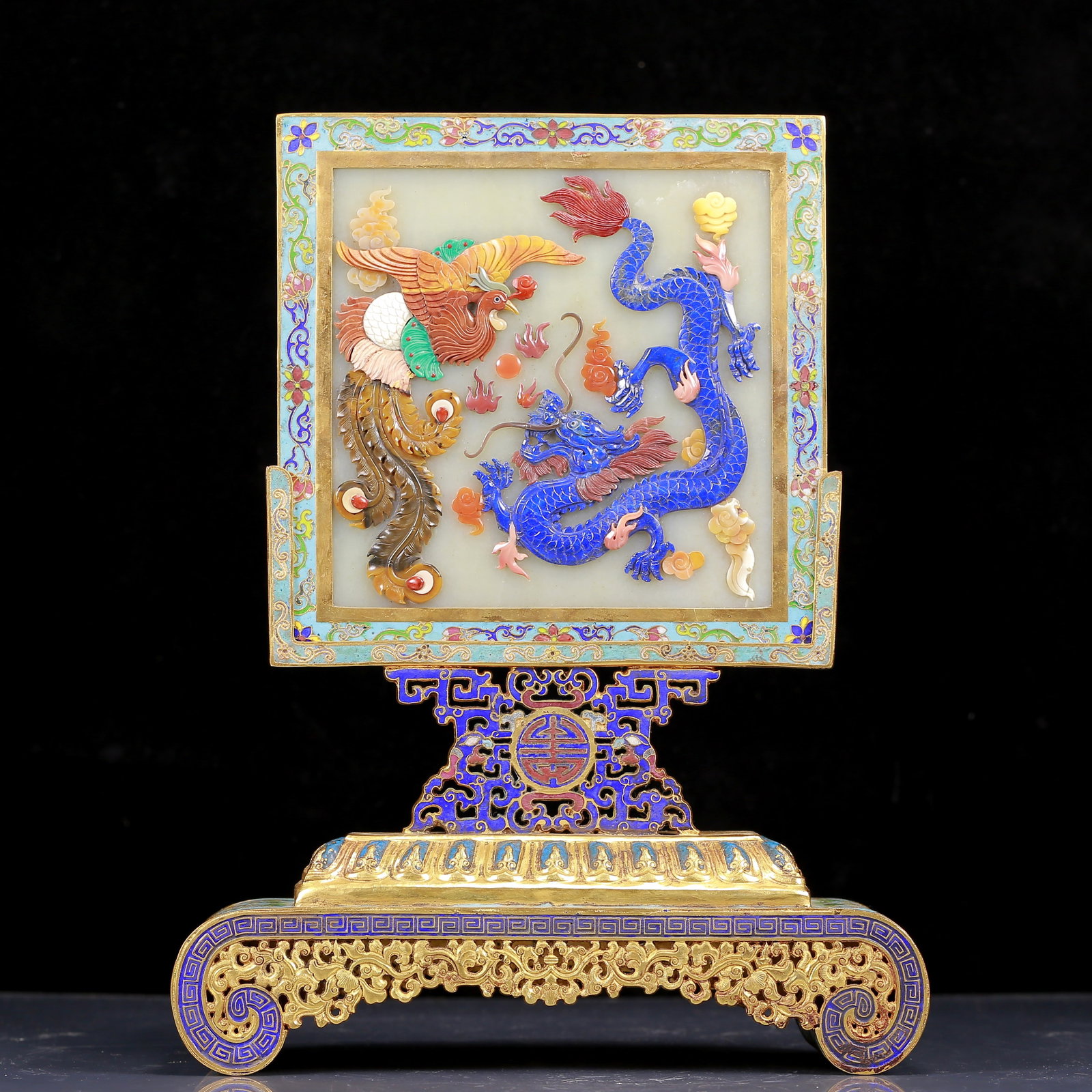 A Rare Cloisonne Inlaid White Jade Inlaid Gems Dragon and Phoenix Pattern Table Screen: A Rare Cloisonne Inlaid White Jade Inlaid Gems Dragon and Phoenix Pattern Table Screen,Qing Dynasty, China,Size:10.2inx3.7inx13.6in,Weight:2190g 景泰蓝嵌白玉嵌