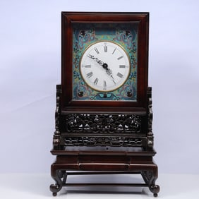 An Exquisite Zitanwood Inlaid Cloisonne Flower Pattern Table Clock Ornament