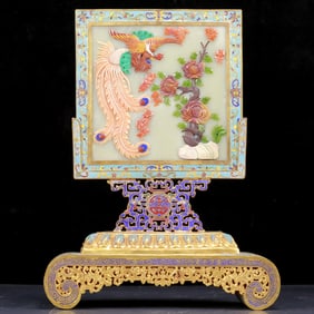 A Rare Cloisonne Inlaid White Jade Inlaid Gems Phoenix Pattern Table Screen