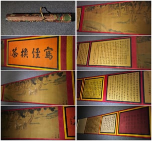 A Chinese Hand Scroll Ink Painting of Landscape and Figure on Silk,Wen Zhengming&Chou Ying