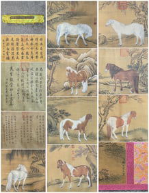 A Chinese Hand Scroll Ink Painting of Horse on Silk,Lang Shining