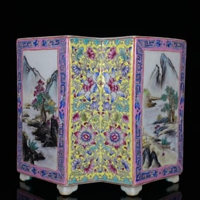 An Exquisite Enamel Landscape and Flower Pattern Brush Pot