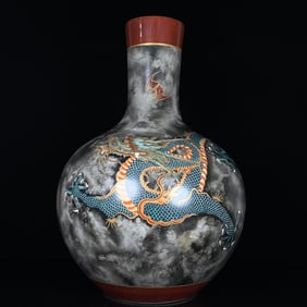 A Rare Imitation Wood Grain Glazed Ink Color Famille-Rose Painted Gold Bats and Dragon Pattern Vase