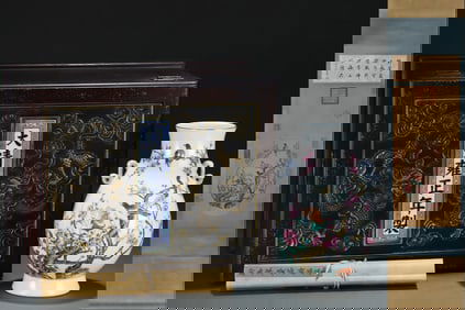 A Rare Famille-Rose Painted Gold Flower and Bird Pattern Double-Ears Vase,With Poem,With Vertical