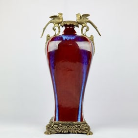 A Huge Flambe Glazed Inlaid Bronze Bird-Ears Vase
