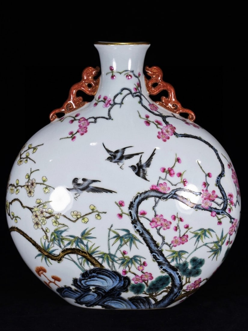 A Rare Enamel Painted Gold Pine, Bamboo and Plum Blossom Pattern Dragon-Ears Vase: A Rare Enamel Painted Gold Pine, Bamboo and Plum Blossom Pattern Dragon-Ears Vase,Qing Dynasty, China,Qianlong Six-character Mark,Size:13inx10.2in 