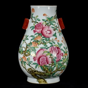 A Rare Famille-Rose Bats and Pomegranate Pattern Double-Ears Vase
