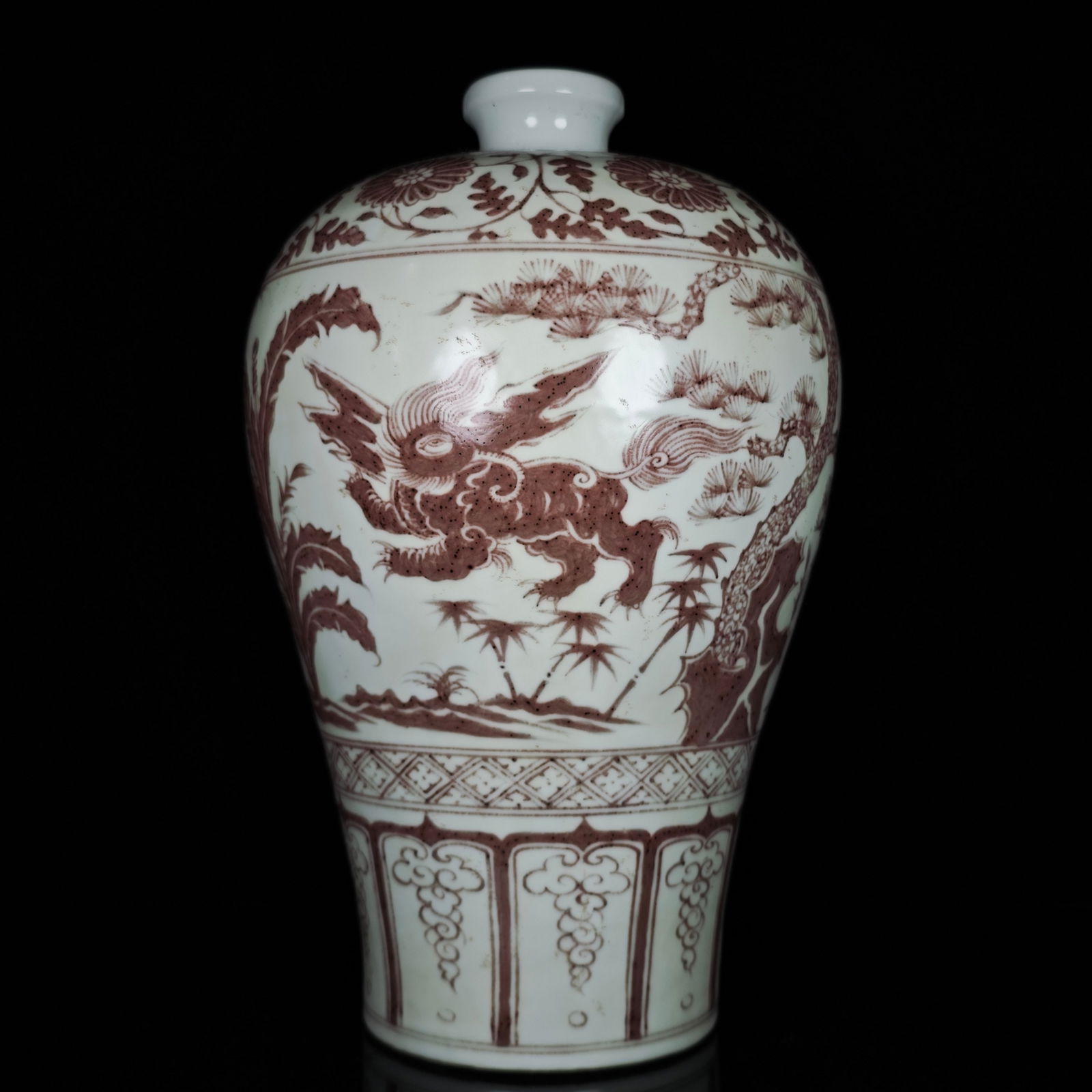A Rare Underglaze-Red Auspicious Beast Pine, Bamboo and Plum Blossom Pattern Vase: A Rare Underglaze-Red Auspicious Beast Pine, Bamboo and Plum Blossom Pattern Vase,Ming Dynasty, China,Size:14.4inx8.5in 