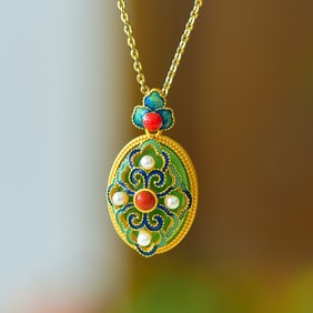 An Exquisite Sterling Silver-Gold Plated Inlaid Jasper Enamel Pendant,Inlaid Pearl