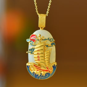 An Exquisite Sterling Silver-Gold Plated Inlaid White Jade Pendant