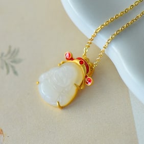 An Exquisite Sterling Silver-Gold Plated Inlaid White Jade Pendant