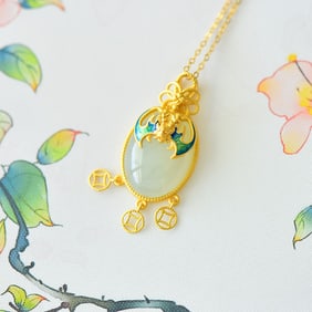 An Exquisite Sterling Silver-Gold Plated Inlaid White Jade Enamel Pendant