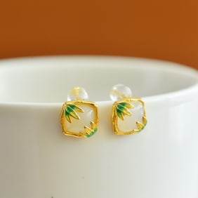 A Pair of Exquisite Sterling Silver-Gold Plated Inlaid White Jade Enamel Earrings