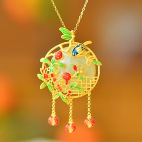 An Exquisite Sterling Silver-Gold Plated Inlaid White Jade Enamel Pendant