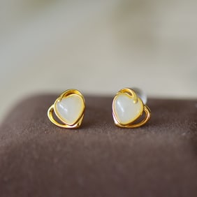 A Pair of Exquisite Sterling Silver-Gold Plated Inlaid White Jade Earrings