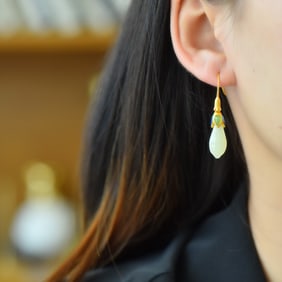 A Pair of Exquisite Sterling Silver-Gold Plated Inlaid White Jade Earrings