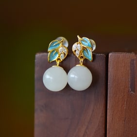 A Pair of Exquisite Sterling Silver-Gold Plated Inlaid White Jade Enamel Earrings