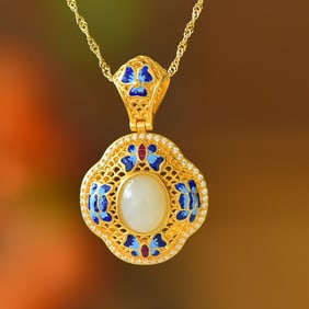 An Exquisite Sterling Silver-Gold Plated Inlaid White Jade Enamel Pendant
