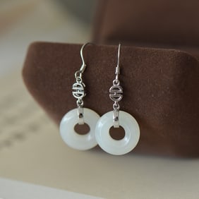 A Pair of Exquisite Sterling Silver Inlaid White Jade Earrings