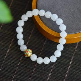 An Exquisite White Jade Enamel Bracelets,Inlaid Turquoise