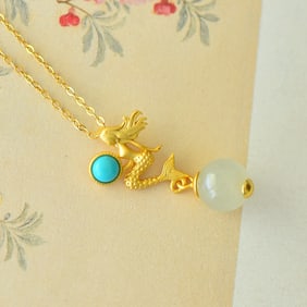 An Exquisite Sterling Silver-Gold Plated Inlaid White Jade Pendant