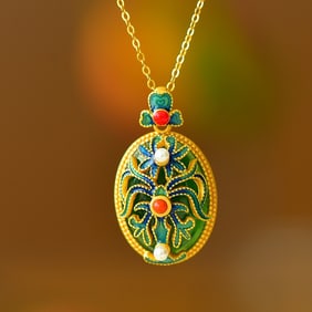 An Exquisite Sterling Silver-Gold Plated Inlaid Jasper Enamel Pendant,Inlaid Pearl