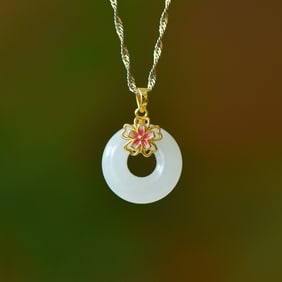 An Exquisite Sterling Silver-Gold Plated Inlaid White Jade Enamel Pendant