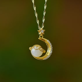 An Exquisite Sterling Silver-Gold Plated Inlaid White Jade Pendant