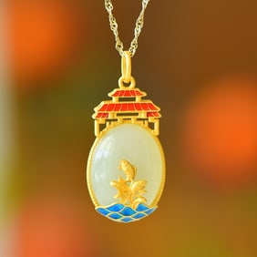 An Exquisite Sterling Silver-Gold Plated Inlaid White Jade Pendant