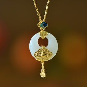 An Exquisite Sterling Silver-Gold Plated Inlaid White Jade Pendant