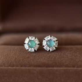 A Pair of Exquisite Sterling Silver Inlaid Jadeite Earrings