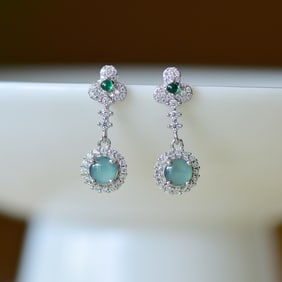 A Pair of Exquisite Sterling Silver Inlaid Jadeite Earrings