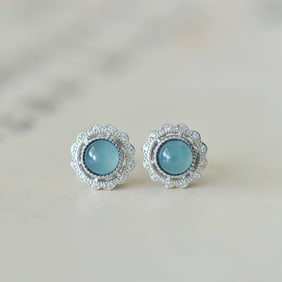 A Pair of Exquisite Sterling Silver Inlaid Jadeite Earrings