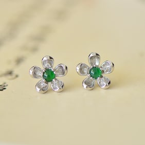 A Pair of Exquisite Sterling Silver Inlaid Jadeite Earrings