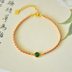 An Exquisite Sterling Silver-Gold Plated Inlaid Jadeite Bracelet