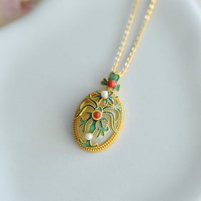An Exquisite Sterling Silver-Gold Plated Inlaid White Jade Pendant,Inlaid Pearl