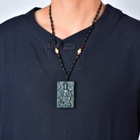 An Exquisite Sapphire Avalokitesvara Dragon and Phoenix Pattern Pendant