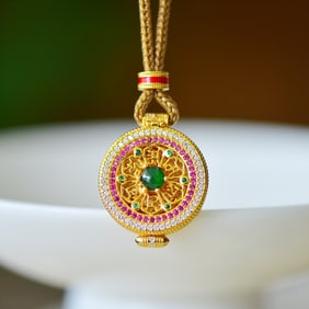 An Exquisite Sterling Silver-Gold Plated Inlaid Jadeite Pendant