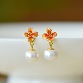 A Pair of Exquisite Sterling Silver-Gold Plated Inlaid White Jade Enamel Earrings, Inlaid Pearl