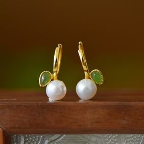 A Pair of Exquisite Sterling Silver-Gold Plated Inlaid White Jade Earrings, Inlaid Pearl